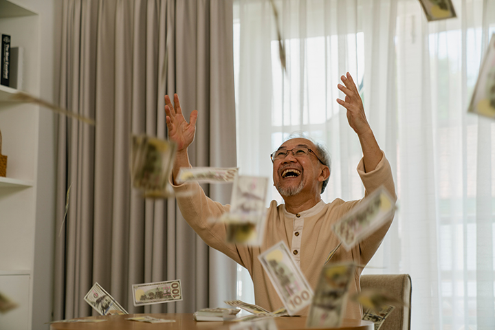 retired man enjoying life, have money and be happy.